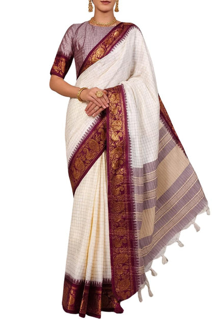 Vasthrlay Off White Kanjivaram Traditional Saree for festive ethnic occasions