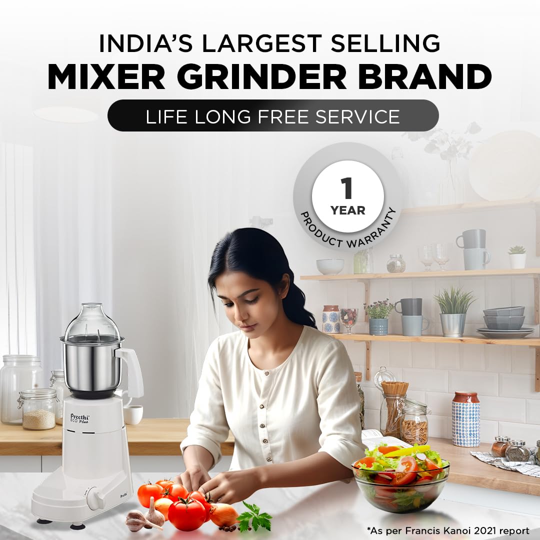 Preethi Eco Plus MG-138 550 Watt Mixer Grinder With 3 Jars (0.4L, 1L & 1.5L), White - view 5