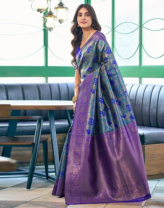 Vasthrlay Beige saree with designer styling and Banarasi look
