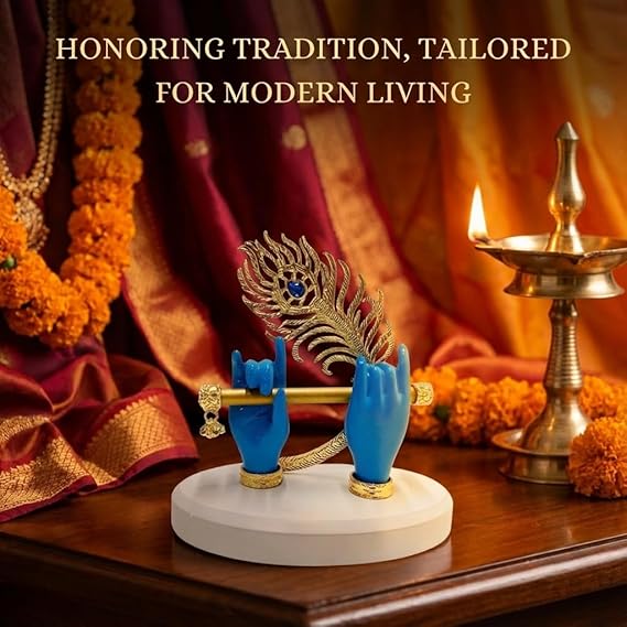 Gold Plated Melodic Krishna Hands Statue with Flute & Peacock Feather