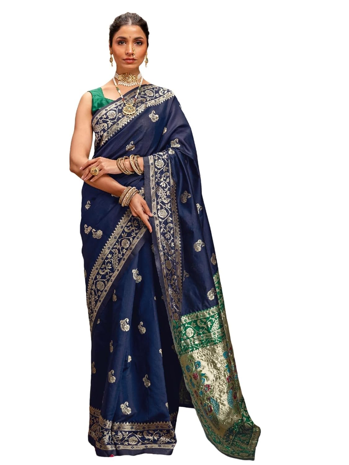 Vasthrlay Weaving Paithani Navy Blue Saree With Green Unstitched Blouse Piece