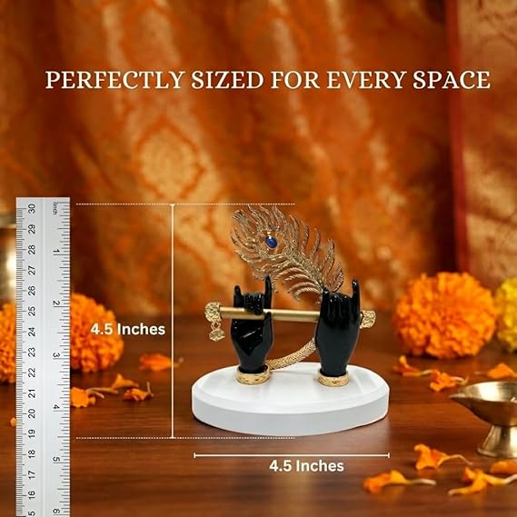 Gold Plated Melodic Krishna Hands Statue with Flute & Peacock Feather