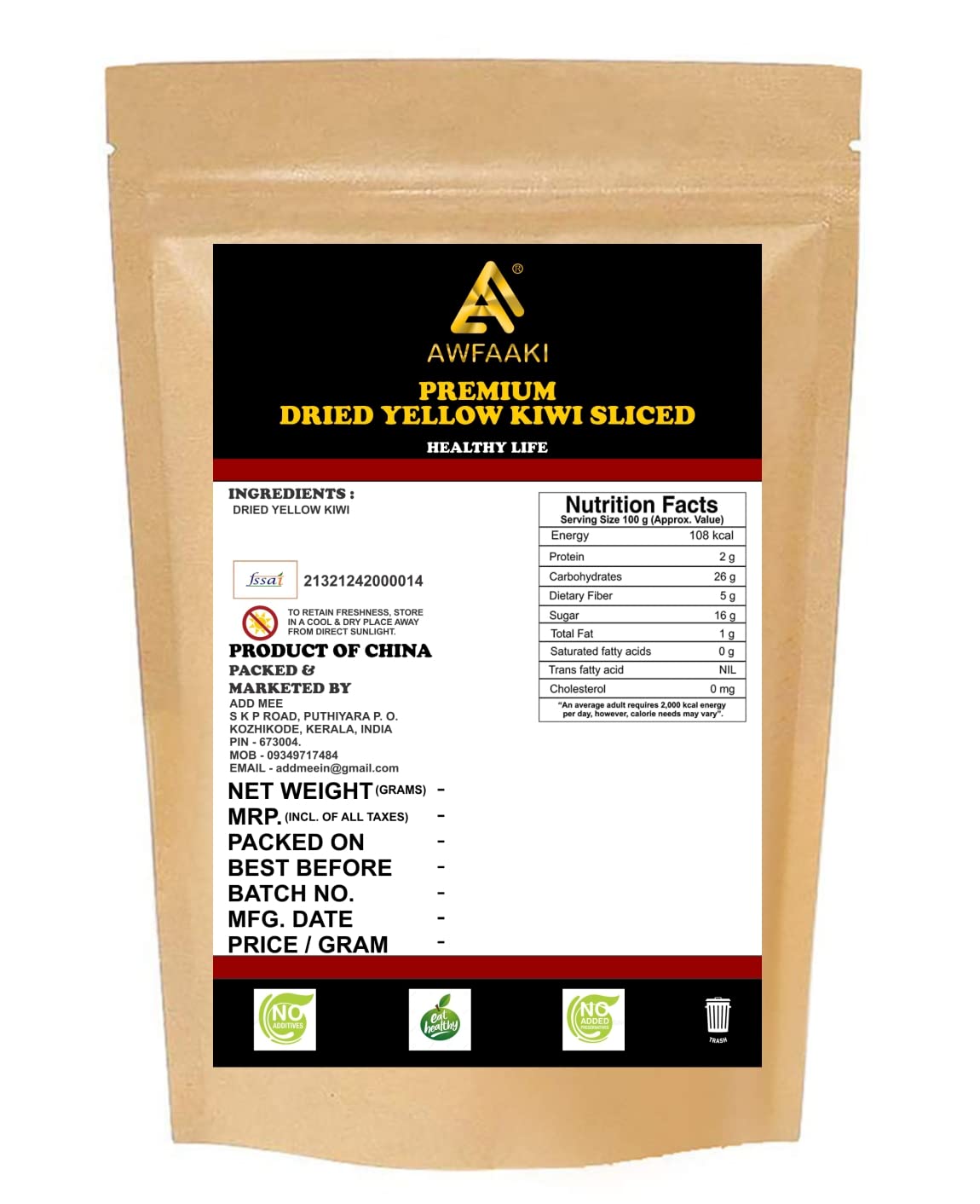 Awfaaki dried yellow kiwi back of pack with ingredients and nutrition