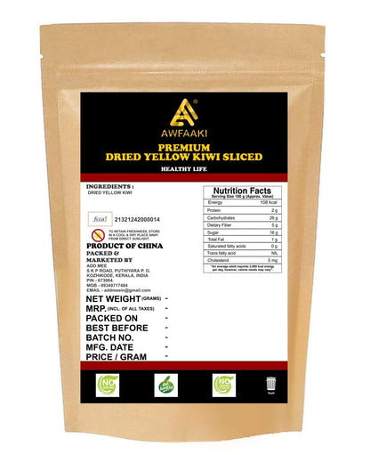 Awfaaki dried yellow kiwi back of pack with ingredients and nutrition