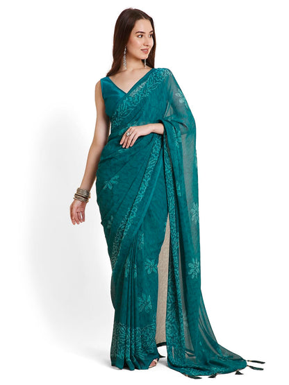 Vasthrlay Turquoise Georgette Printed Saree for festive ethnic occasions