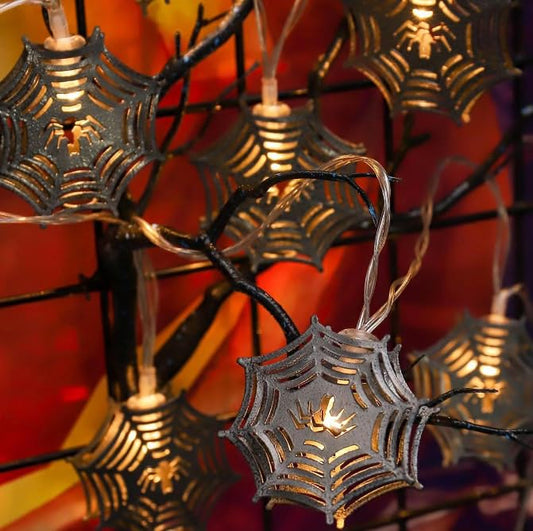 RSAAUD Metal Spider Web String Lights 10 LED Battery Operated with Timer Warm White