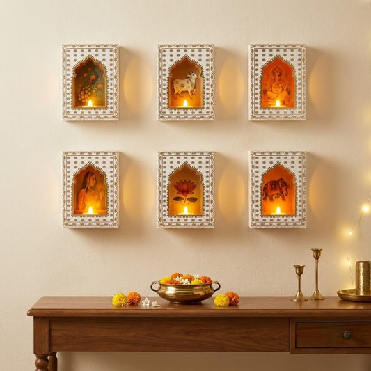 Jeevan Handicraft Paper Jharokha with LED Diya White Pack of 6