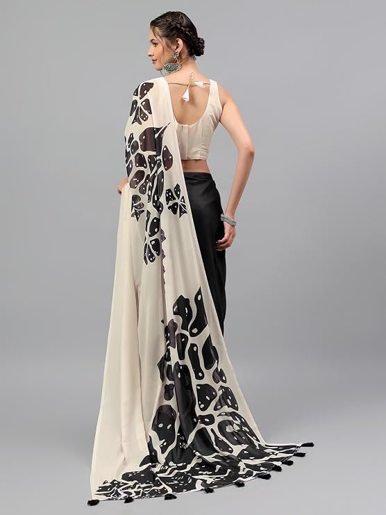 Vasthrlay Womens Off White2 Floral Printed Georgette Saree With White Solid Georgette Unstitched Blouse