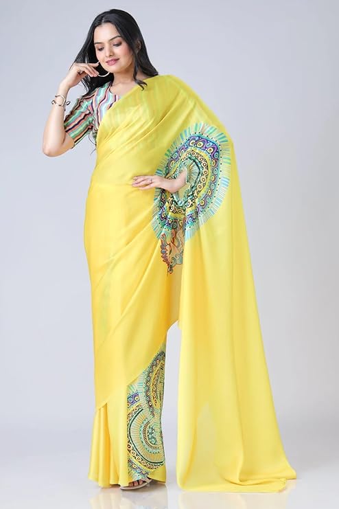 Vasthrlay Printed Kaftan Freehand Saree Yellow Soft Satin Saree