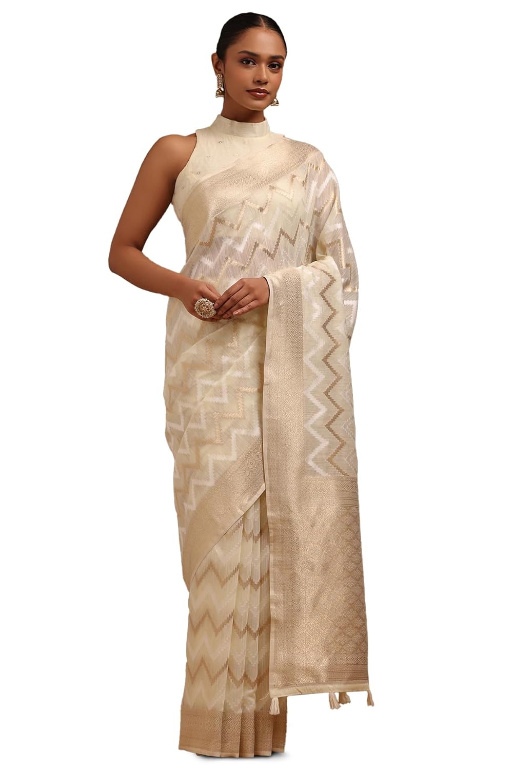 Vasthrlay Cream Linen Woven Saree for festive ethnic occasions