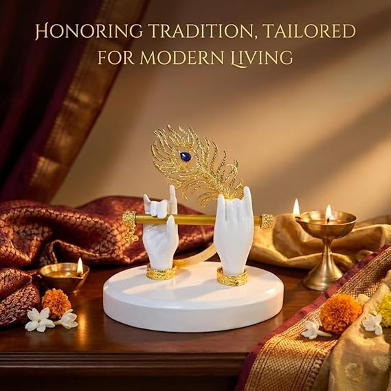 Gold Plated Melodic Krishna Hands Statue with Flute & Peacock Feather