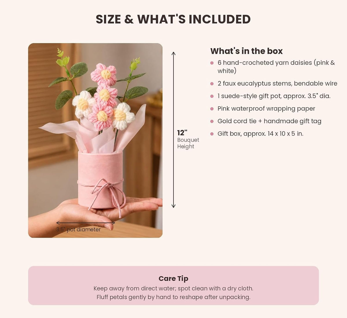 Handmade Crochet Daisy Bouquet Pink & White with Eucalyptus - image 5
