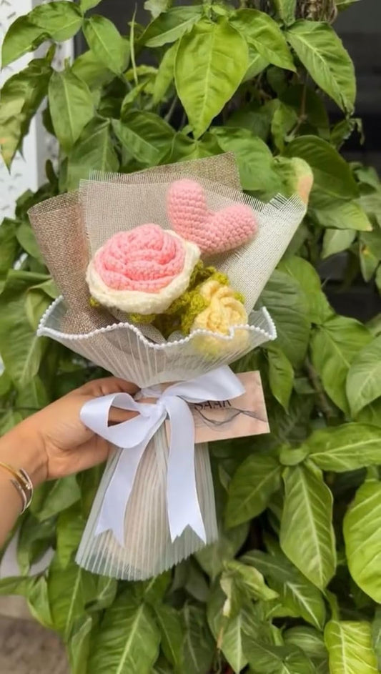Handmade Crochet Bouquet, Pink Rose and Heart, Pearl Packaging - image 1
