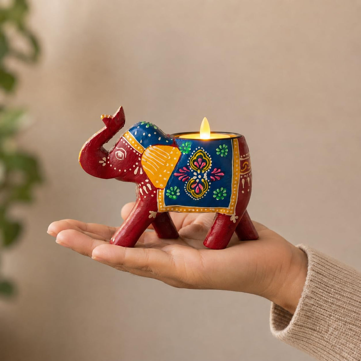 Jeevan Handicraft Wooden Elephant Tealight Candle Holder