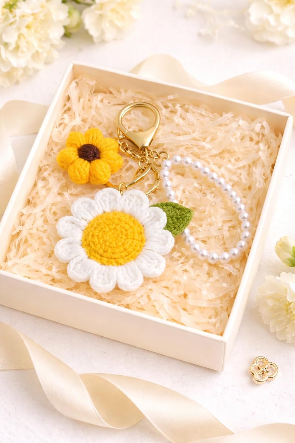 Handmade Crochet Sunflower with Daisy Keychain and Pearl Loop - image 4