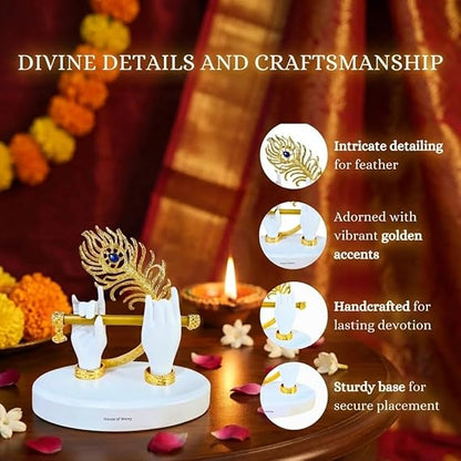 Gold Plated Melodic Krishna Hands Statue with Flute & Peacock Feather
