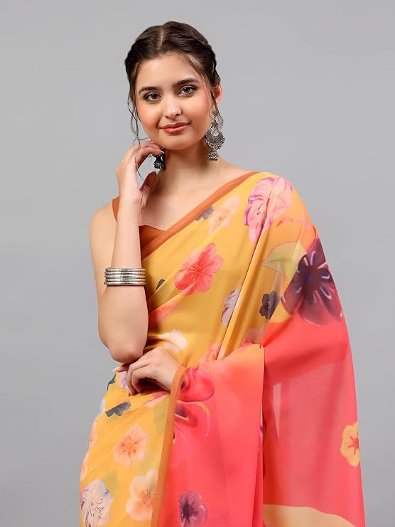 Vasthrlay Womens Yellow Floral, Solid, Striped Design Georgette Saree With Unstitched Blouse Piece