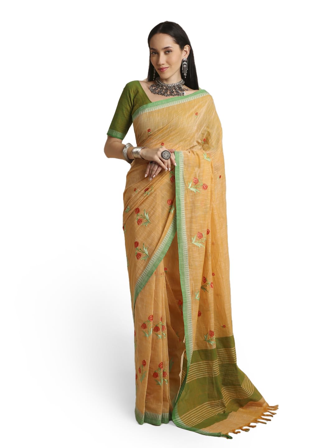 Vasthrlay Apricot Handloom Embroidery Saree for festive ethnic occasions