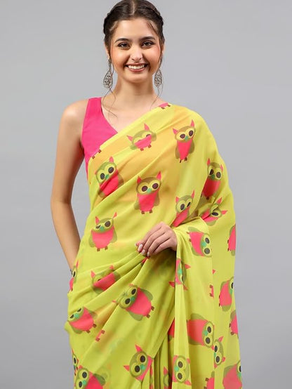 Vasthrlay Womens Green Floral, Solid, Striped Design Georgette Saree With Unstitched Blouse Piece