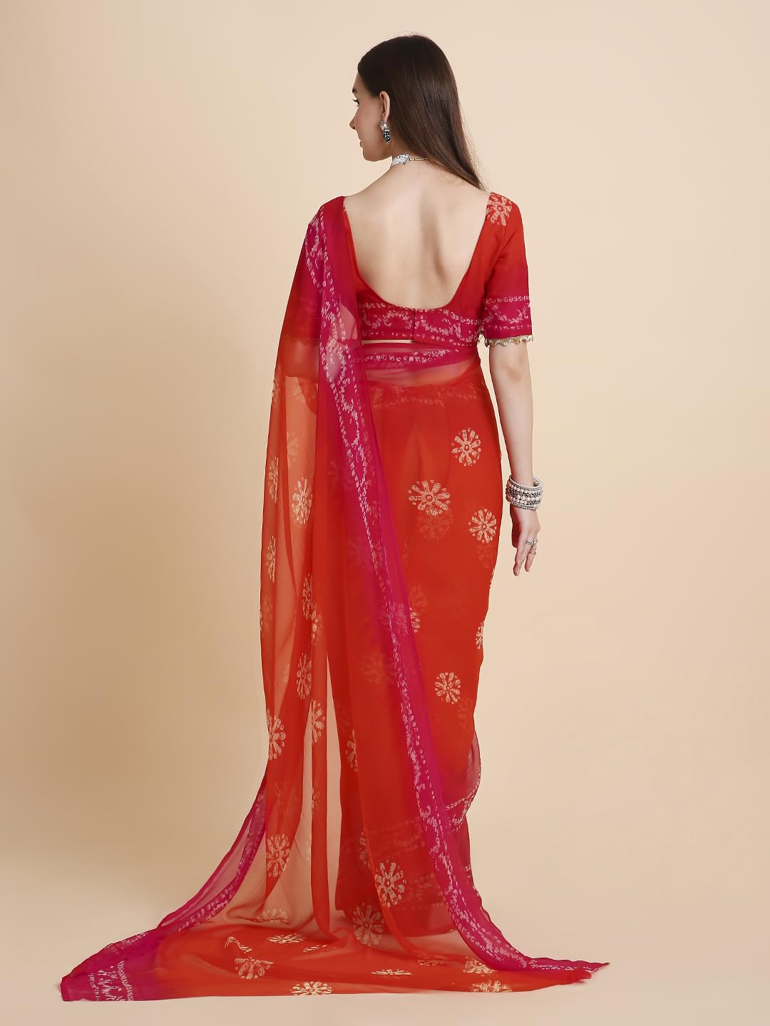 Vasthrlay Tie Dye Saree in Orange with refined chiffon ethnic appeal