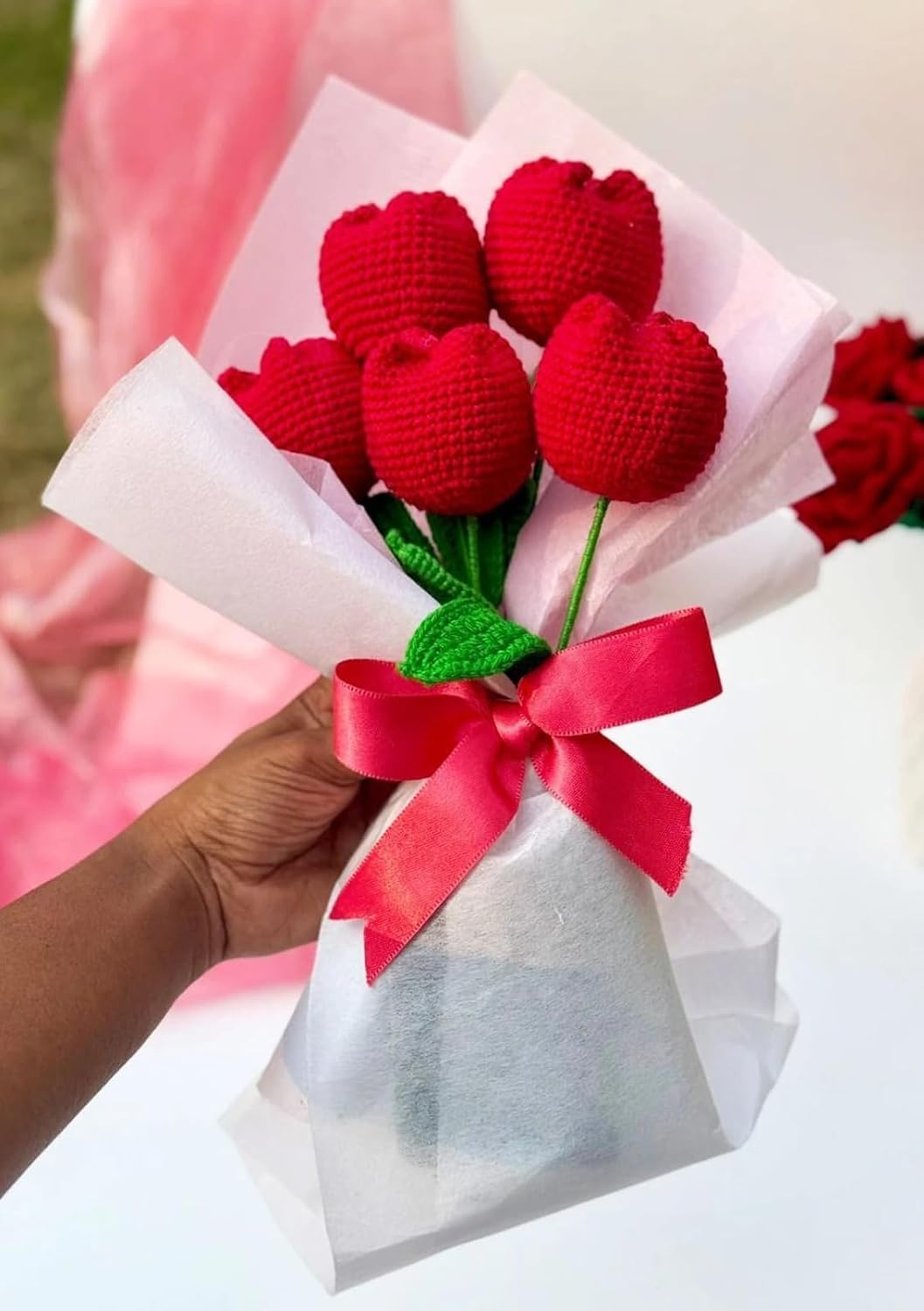Handmade Crochet Tulip Bouquet with 5 Red Flowers - image 1