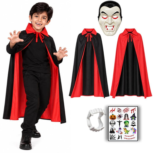 Sarvda Kids Halloween Vampire Cape Set with Mask Fangs and Stickers
