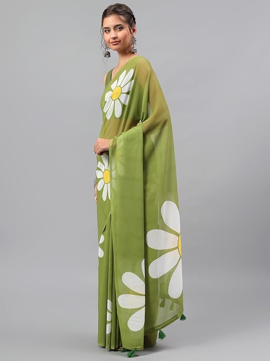 Vasthrlay Green Georgette Floral Printed Saree with solid Unstitched Georgette Blouse Piece