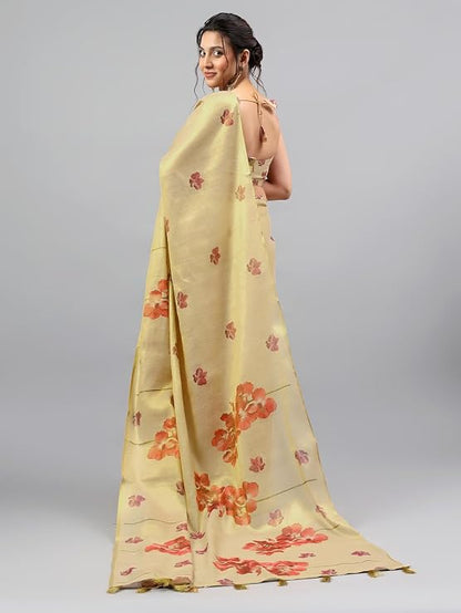 Vasthrlay Womens Beige Floral & Solid Design Polyester Saree With Unstitched Blouse Piece