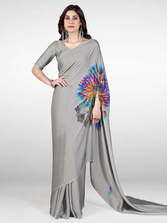Vasthrlay Printed Kaftan Freehand Grey Women's Satin Saree With Unstitched Blouse Piece 