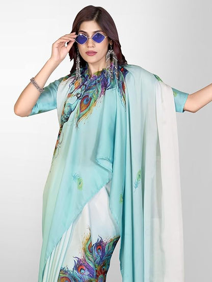 Vasthrlay Printed Kaftan Freehand Light Blue Women's Satin Saree With Unstitched Blouse Piece 