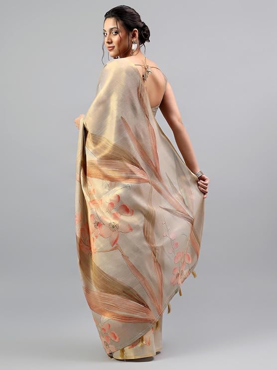 Vasthrlay Womens Gold1 Floral & Solid Design Polyester Saree With Unstitched Blouse Piece