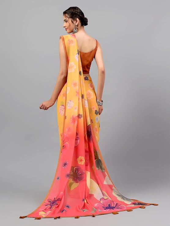 Vasthrlay Womens Yellow Floral, Solid, Striped Design Georgette Saree With Unstitched Blouse Piece