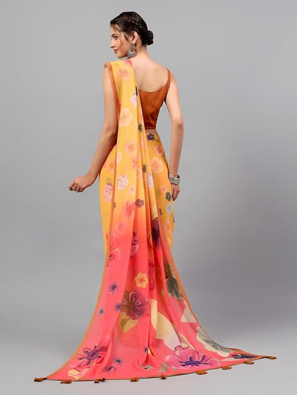 Vasthrlay Womens Yellow Floral, Solid, Striped Design Georgette Saree With Unstitched Blouse Piece