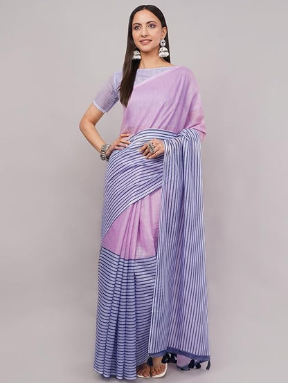 Vasthrlay Pink Printed Linen Saree With Unstitched blouse piece