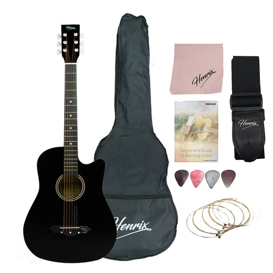 Henrix 38C 38 Inch Cutaway Acoustic Guitar with Gig Bag and Accessories