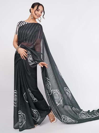 Vasthrlay Black1 Womens Printed Linen Saree With Unstitched Blouse Piece