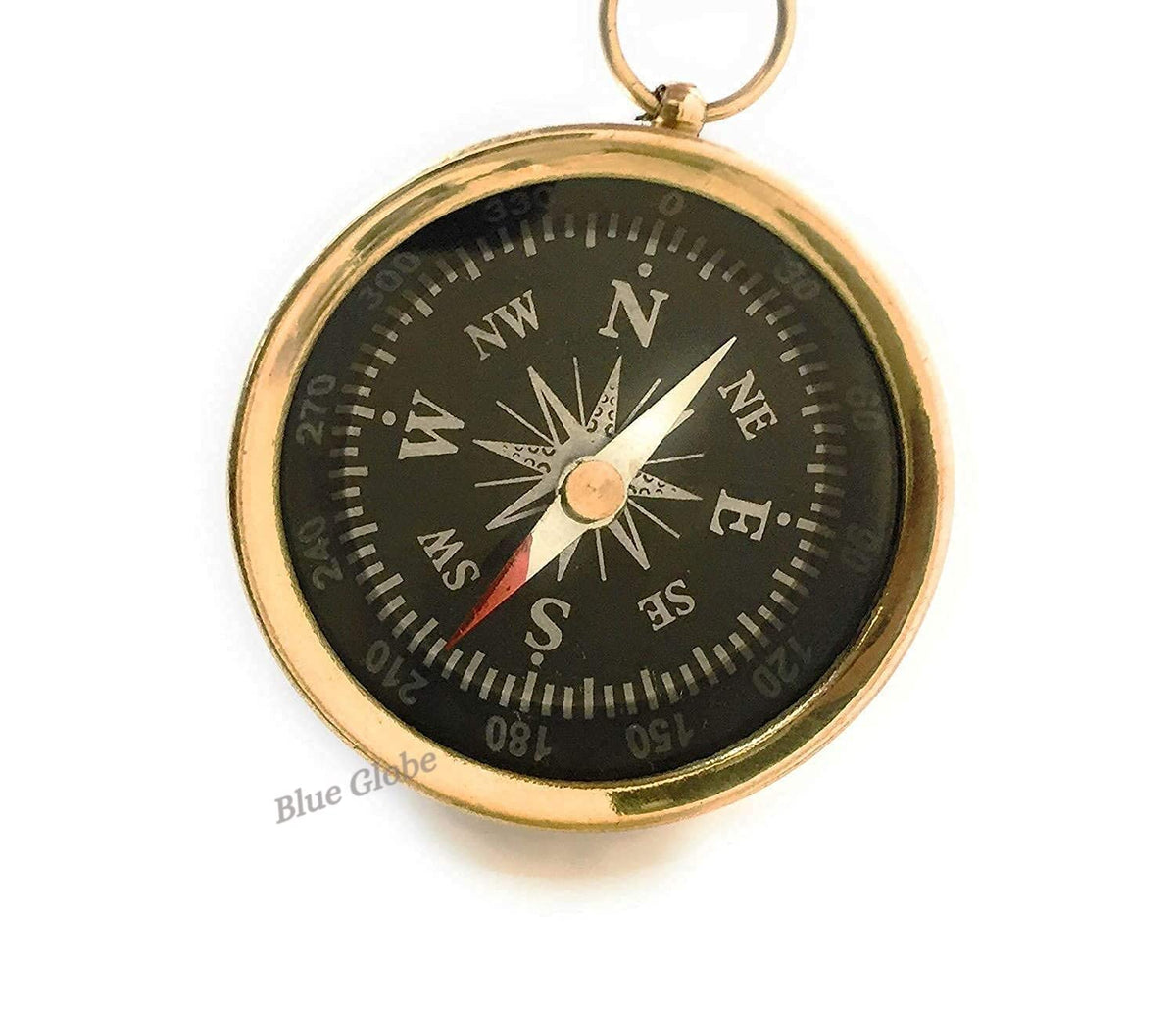 Blue Globe Handmade Antique Brass Pocket Compass with Chain Loop