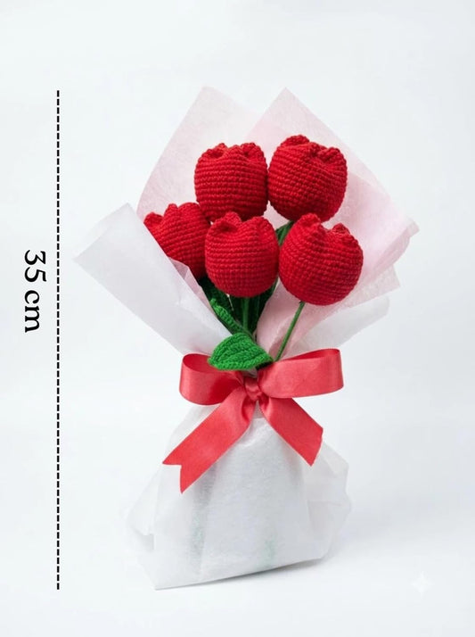 Handmade Crochet Tulip Bouquet with 5 Red Flowers - image 2