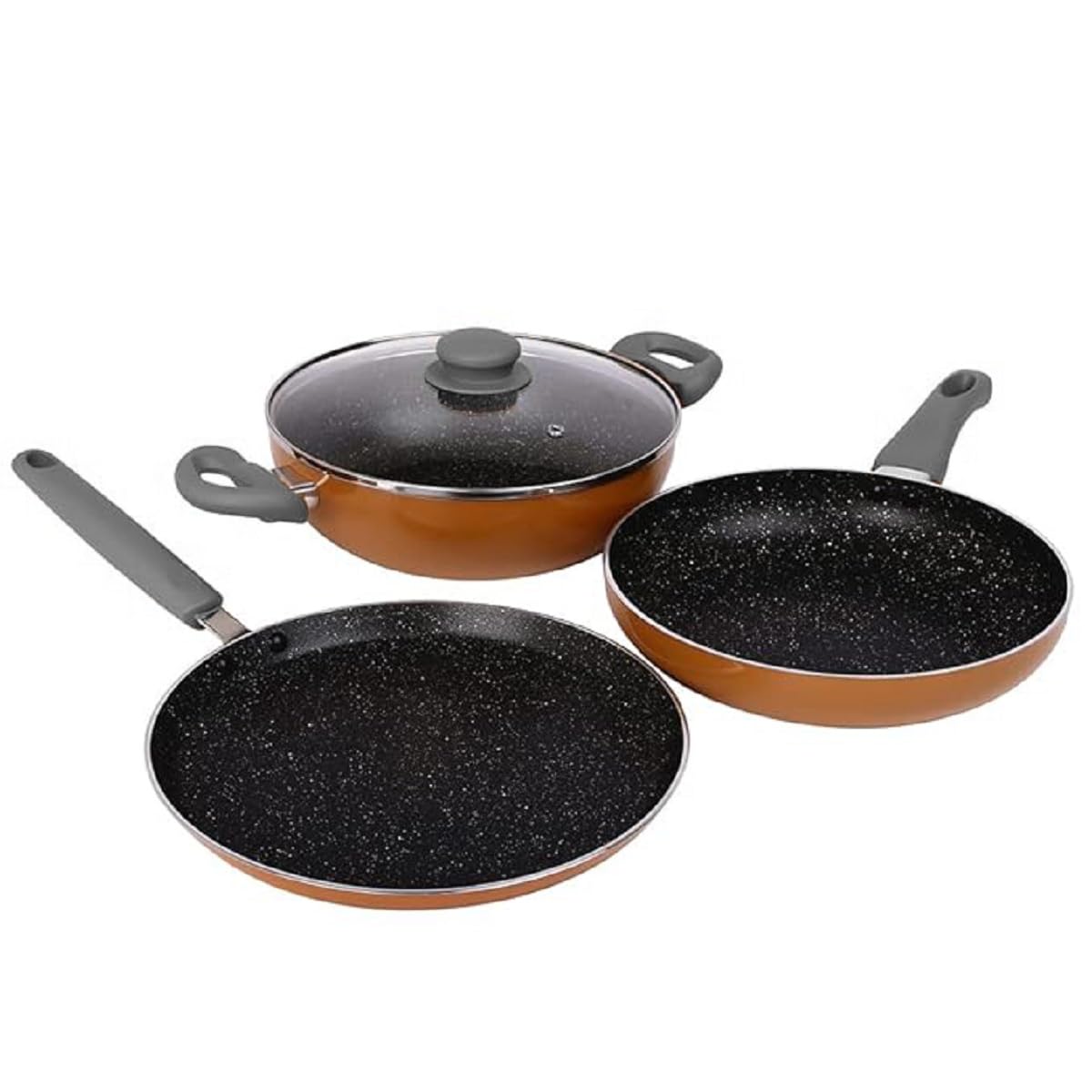 Omega Deluxe Non-Stick Cookware 3 Pc Set, 5-Layer Coating, Omni Tawa 25 cm, Fry, 3 Pcs