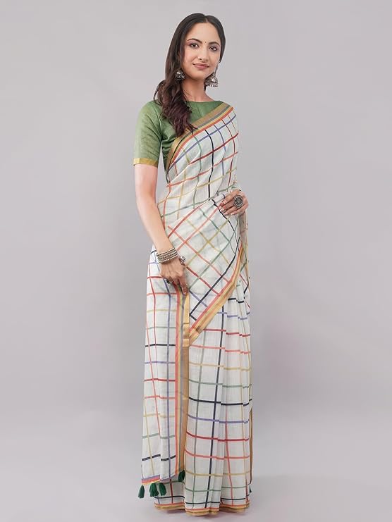 Vasthrlay Womens White Checkered Printed Linen Saree With Green Solid Linen Unstitched Blouse Piece Featuring Multicolor Thin Line Plaid Pattern And Zari Border