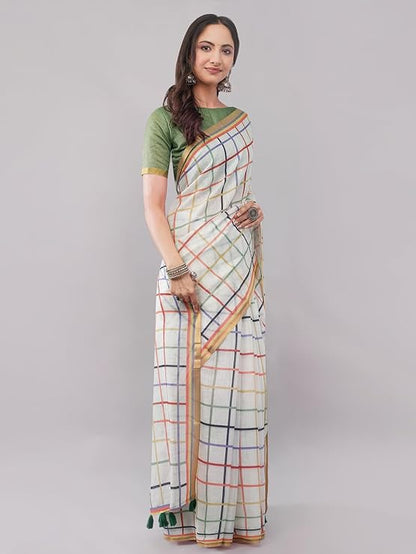 Vasthrlay Womens White Checkered Printed Linen Saree With Green Solid Linen Unstitched Blouse Piece Featuring Multicolor Thin Line Plaid Pattern And Zari Border