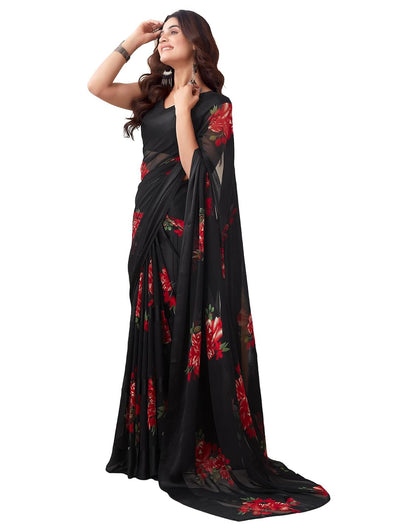 Vasthrlay Georgette Sequence Black And Red Saree With Black Unstitched Blouse Piece