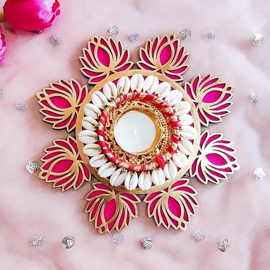 Diya Handmade MDF Lotus tealight Candle Holder with Shell Tealight Rangoli