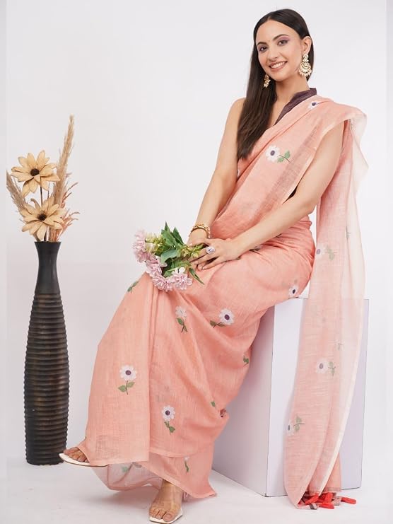 Vasthrlay Peach Womens Printed Linen Saree With Unstitched Blouse Piece