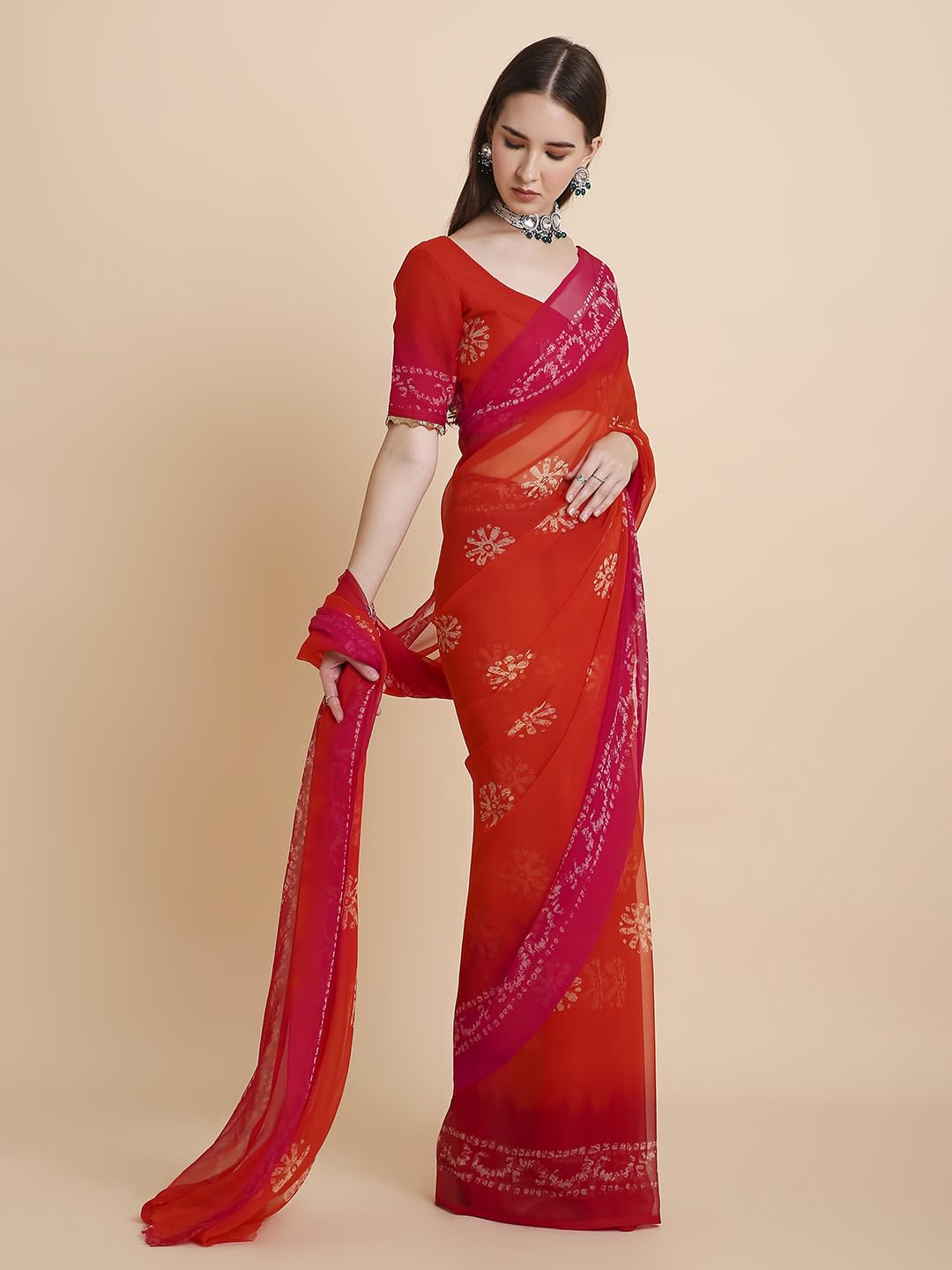 Vasthrlay Chiffon Orange Saree with decorative tie dye design