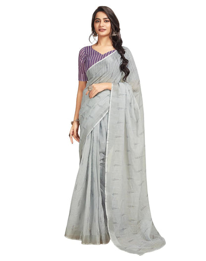 Vasthrlay Printed Striped Grey Saree With Purple Unstitched Blouse Piece