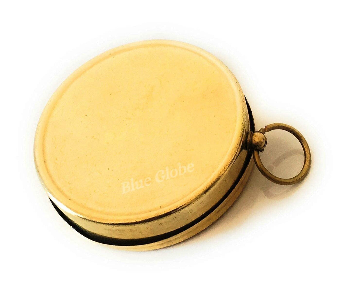 Blue Globe Handmade Antique Brass Pocket Compass with Chain Loop