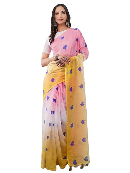 Vasthrlay Pink1 Printed Linen Saree With Unstitched Blouse Piece