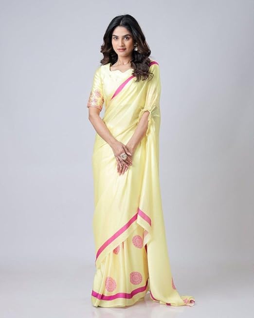 Vasthrlay Printed Kaftan Freehand Yellow Women's Floral Satin Silk Saree