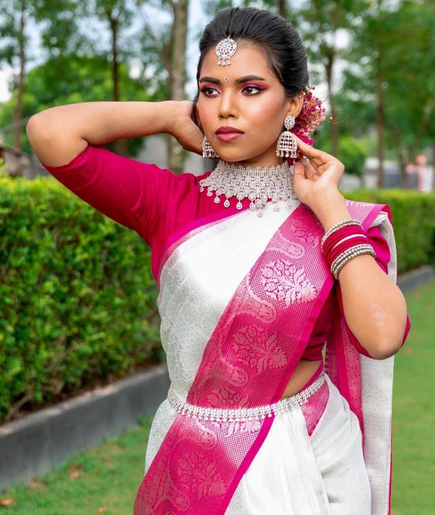 Vasthrlay Banarasi White Saree with decorative traditional design